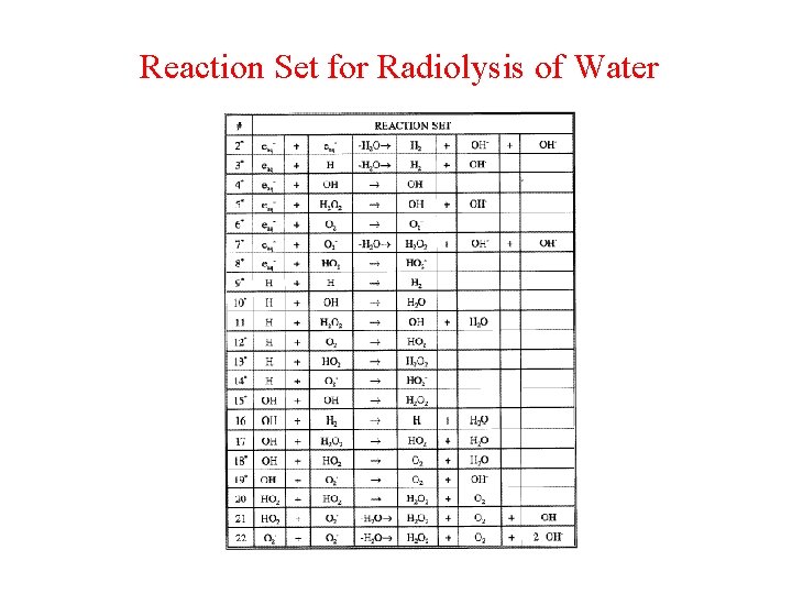 Reaction Set for Radiolysis of Water 