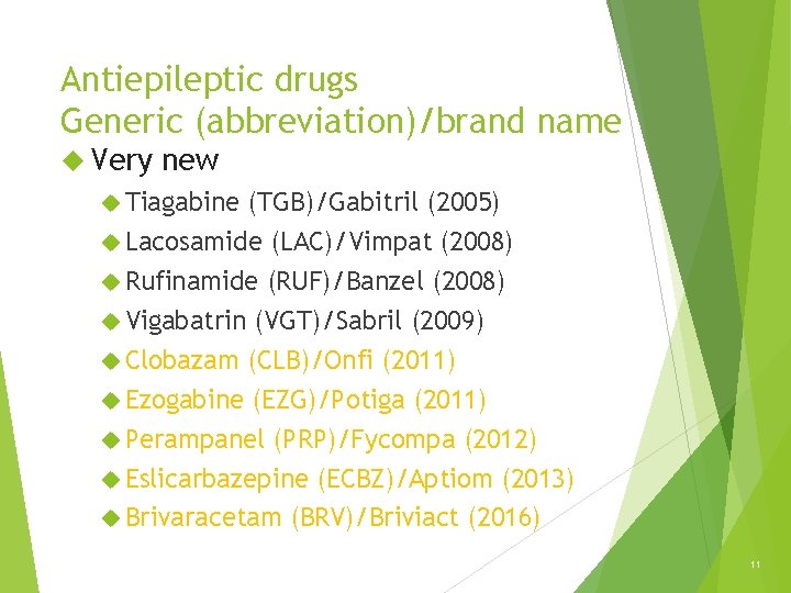 Antiepileptic drugs Generic (abbreviation)/brand name Very new Tiagabine (TGB)/Gabitril (2005) Lacosamide (LAC)/Vimpat (2008) Rufinamide Antiepileptic drugs Generic (abbreviation)/brand name Very new Tiagabine (TGB)/Gabitril (2005) Lacosamide (LAC)/Vimpat (2008) Rufinamide
