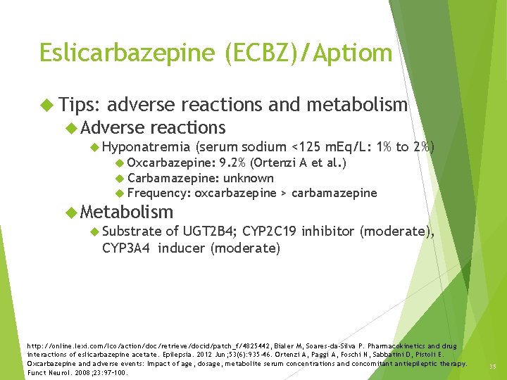 Eslicarbazepine (ECBZ)/Aptiom Tips: adverse reactions and metabolism Adverse reactions Hyponatremia (serum sodium <125 m. Eslicarbazepine (ECBZ)/Aptiom Tips: adverse reactions and metabolism Adverse reactions Hyponatremia (serum sodium <125 m.