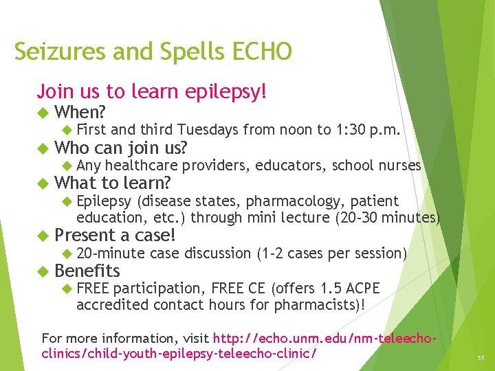 Seizures and Spells ECHO Join us to learn epilepsy! When? First and third Tuesdays Seizures and Spells ECHO Join us to learn epilepsy! When? First and third Tuesdays