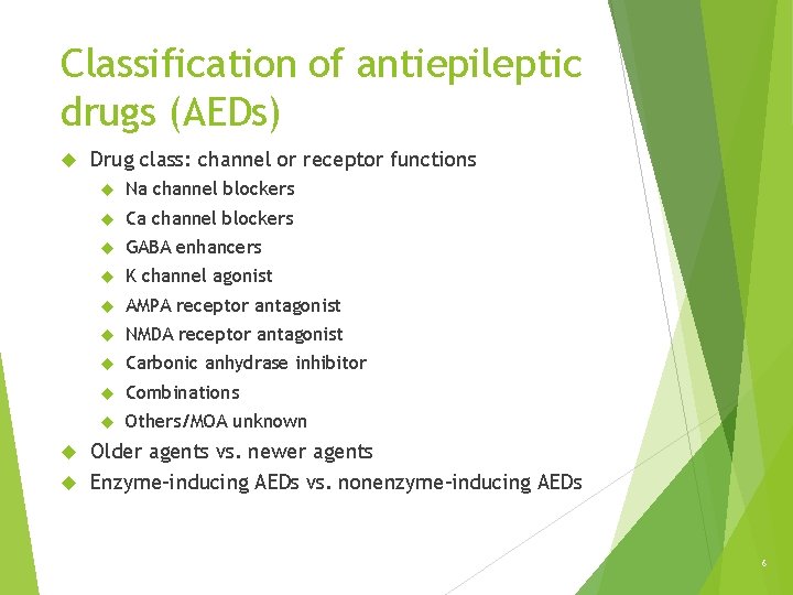 Classification of antiepileptic drugs (AEDs) Drug class: channel or receptor functions Na channel blockers Classification of antiepileptic drugs (AEDs) Drug class: channel or receptor functions Na channel blockers