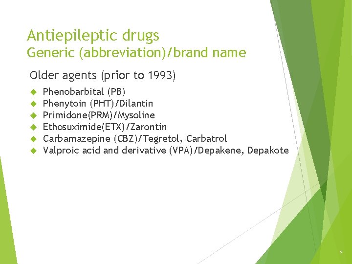 Antiepileptic drugs Generic (abbreviation)/brand name Older agents (prior to 1993) Phenobarbital (PB) Phenytoin (PHT)/Dilantin Antiepileptic drugs Generic (abbreviation)/brand name Older agents (prior to 1993) Phenobarbital (PB) Phenytoin (PHT)/Dilantin