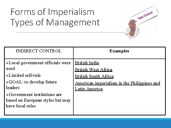 Forms of Imperialism Types of Management INDIRECT CONTROL v. Local Examples government officials were