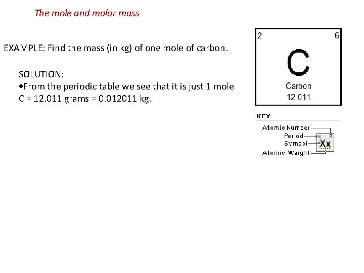 The mole and molar mass EXAMPLE: Find the mass (in kg) of one mole