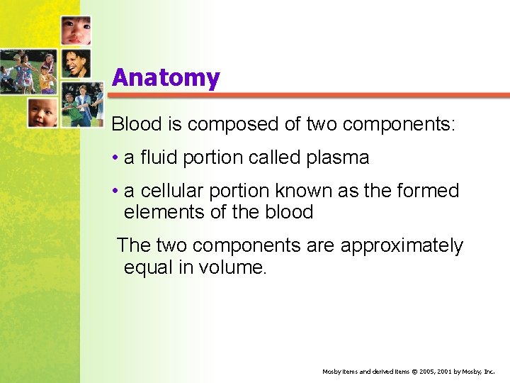 Anatomy Blood is composed of two components: • a fluid portion called plasma •