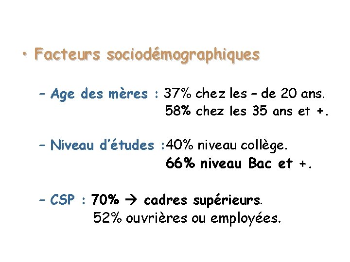  • Facteurs sociodémographiques – Age des mères : 37% chez les – de