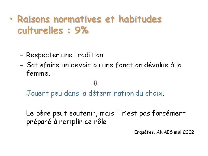  • Raisons normatives et habitudes culturelles : 9% – Respecter une tradition –
