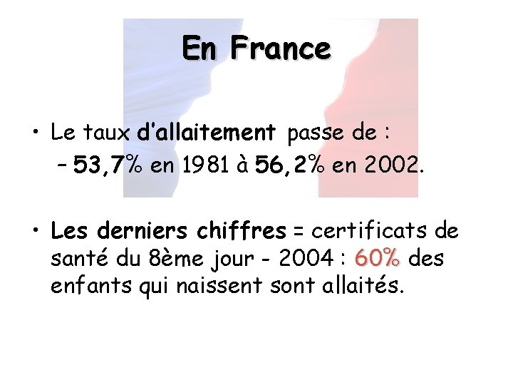 En France • Le taux d’allaitement passe de : – 53, 7% en 1981