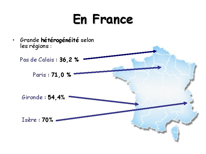 En France • Grande hétérogénéité selon les régions : Pas de Calais : 36,