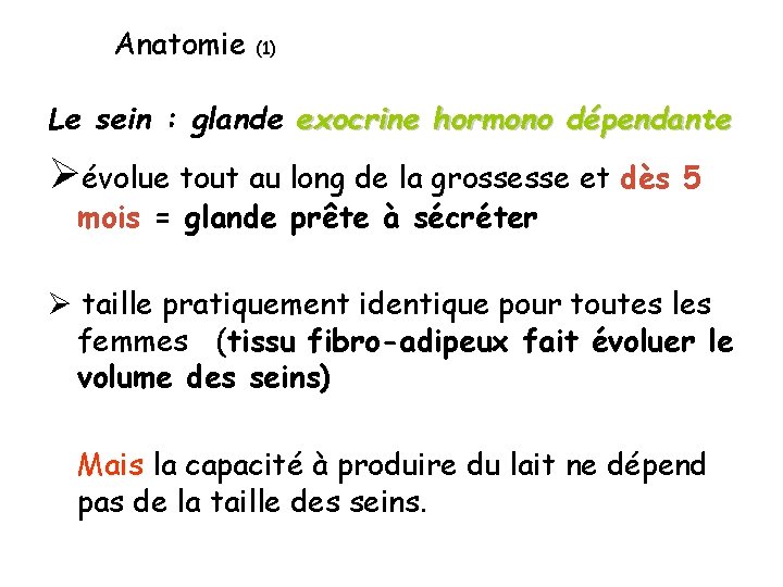 Anatomie (1) Le sein : glande exocrine hormono dépendante évolue tout au long de