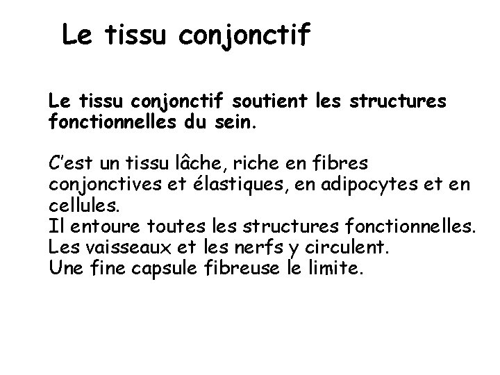 Le tissu conjonctif soutient les structures fonctionnelles du sein. C’est un tissu lâche, riche