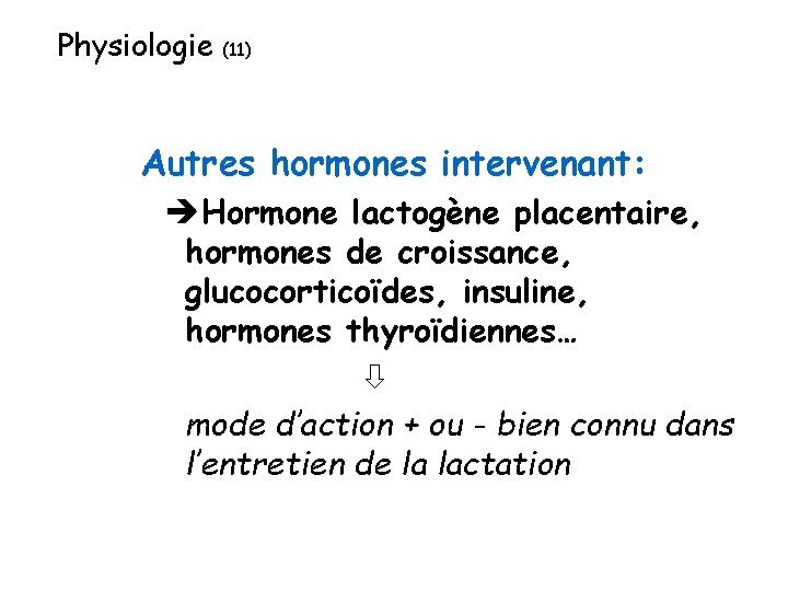 Physiologie (11) Autres hormones intervenant: Hormone lactogène placentaire, hormones de croissance, glucocorticoïdes, insuline, hormones