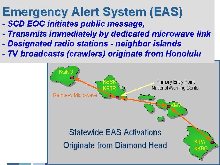 Emergency Alert System (EAS) - SCD EOC initiates public message, - Transmits immediately by
