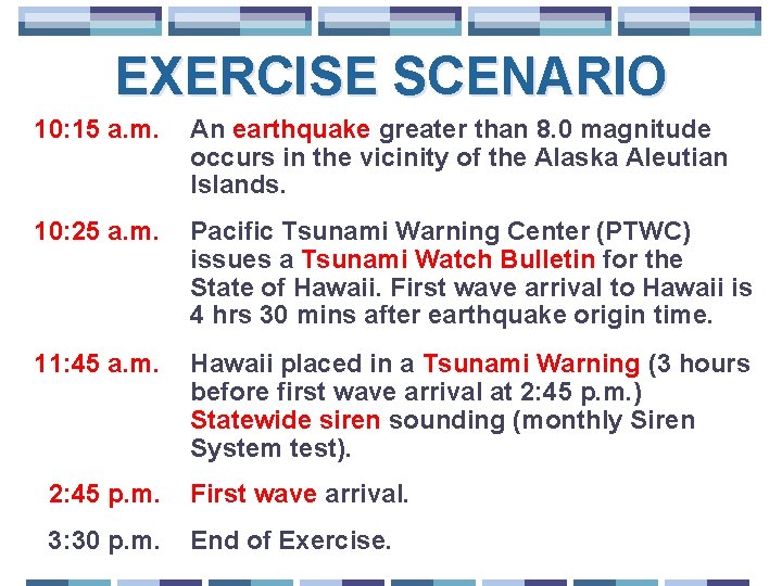 EXERCISE SCENARIO 10: 15 a. m. An earthquake greater than 8. 0 magnitude occurs