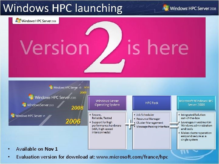 Windows HPC launching • • Available on Nov 1 Evaluation version for download at: