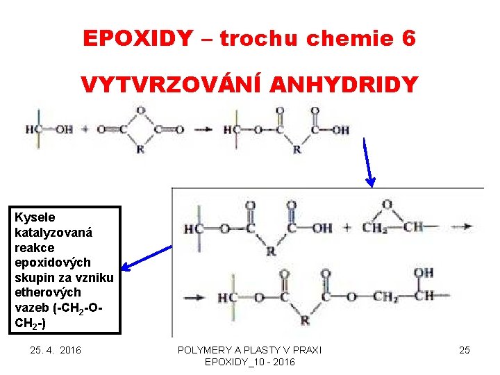 EPOXIDY – trochu chemie 6 VYTVRZOVÁNÍ ANHYDRIDY Kysele katalyzovaná reakce epoxidových skupin za vzniku