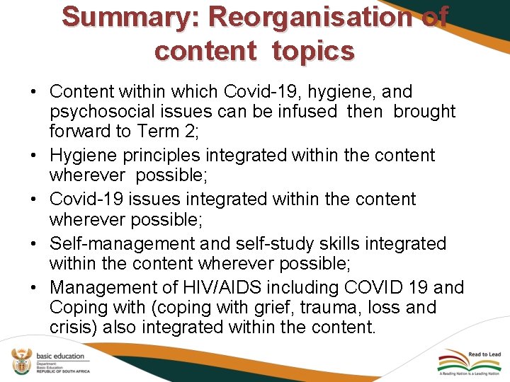  • • • Summary: Reorganisation of content topics Content within which Covid-19, hygiene,