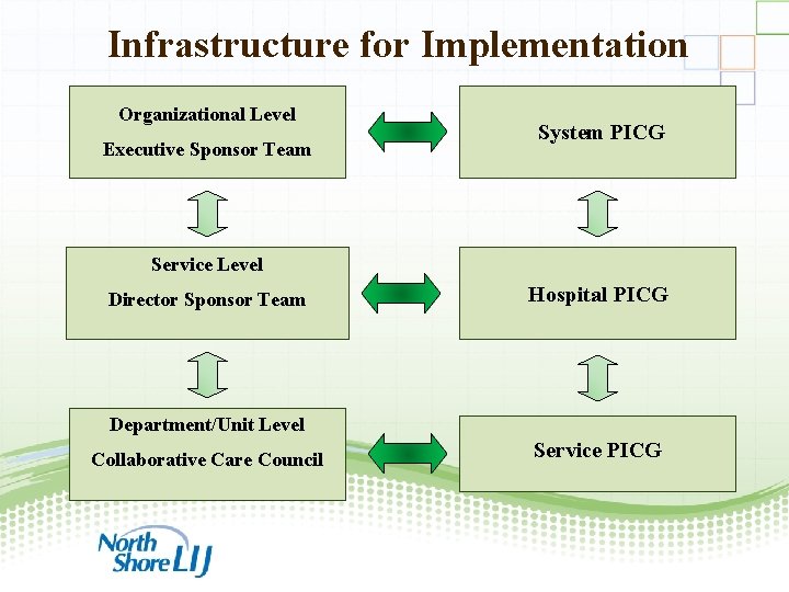 Infrastructure for Implementation Organizational Level Executive Sponsor Team System PICG Service Level Director Sponsor