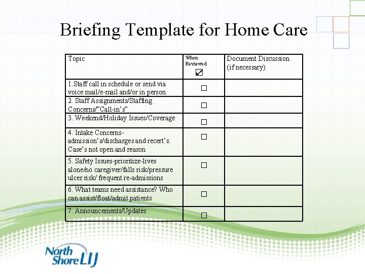 Briefing Template for Home Care Topic When Reviewed ☑ 1. Staff call in schedule