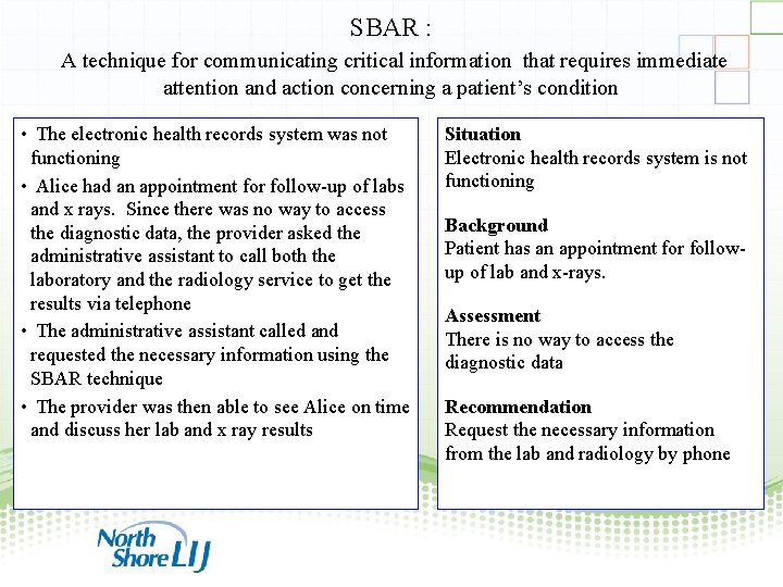 SBAR : A technique for communicating critical information that requires immediate attention and action
