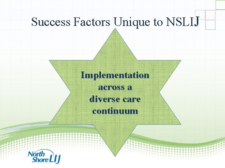 Success Factors Unique to NSLIJ Implementation across a diverse care continuum 67 