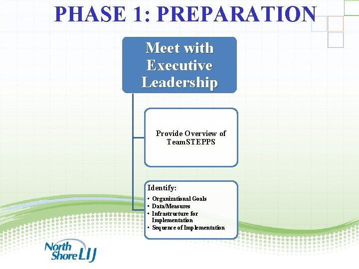 PHASE 1: PREPARATION Meet with Executive Leadership Provide Overview of Team. STEPPS Identify: •