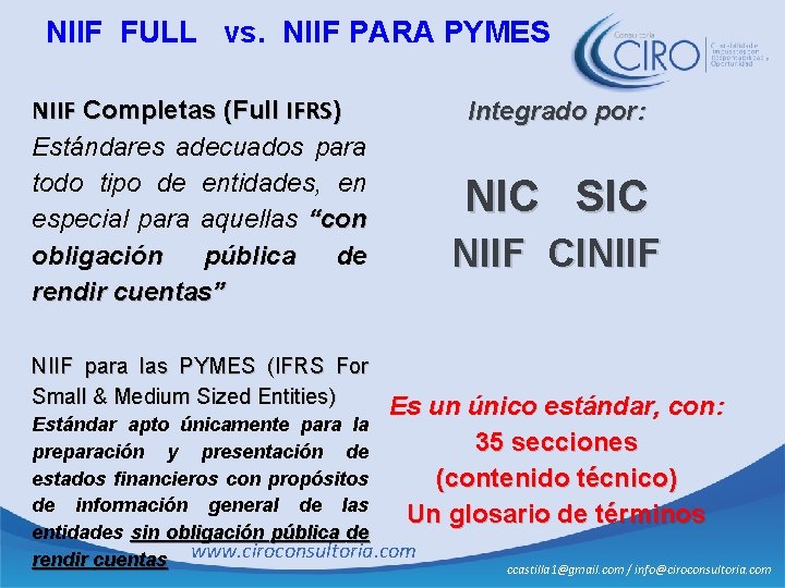 NIIF FULL vs. NIIF PARA PYMES NIIF Completas (Full IFRS) Estándares adecuados para todo