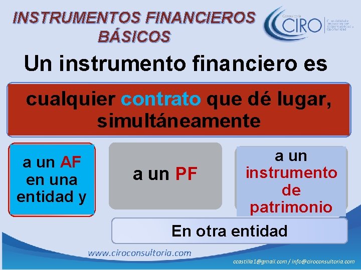 INSTRUMENTOS FINANCIEROS BÁSICOS Un instrumento financiero es cualquier contrato que dé lugar, simultáneamente a