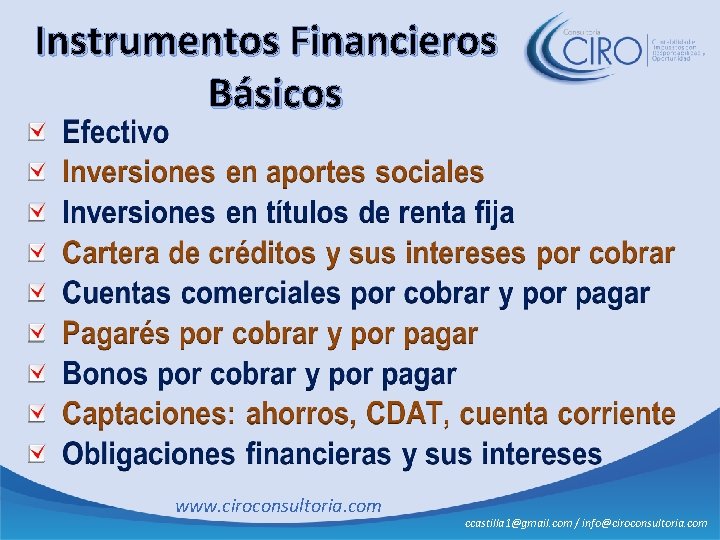 Instrumentos Financieros Básicos www. ciroconsultoria. com ccastilla 1@gmail. com / info@ciroconsultoria. com 
