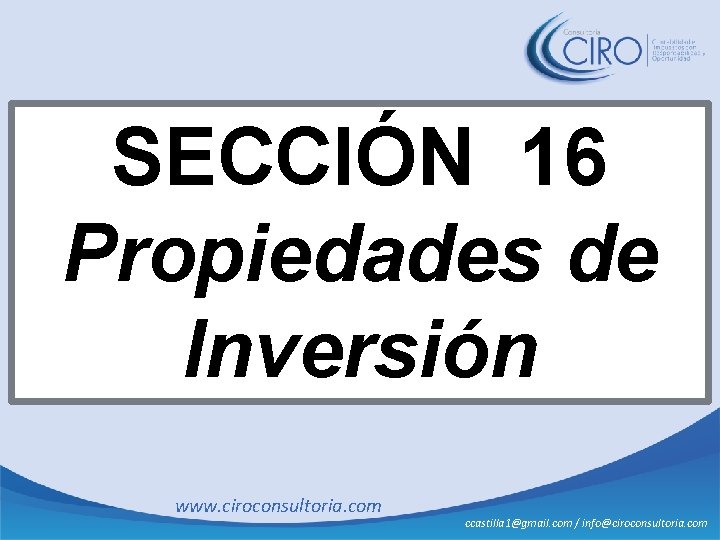 SECCIÓN 16 Propiedades de Inversión www. ciroconsultoria. com ccastilla 1@gmail. com / info@ciroconsultoria. com