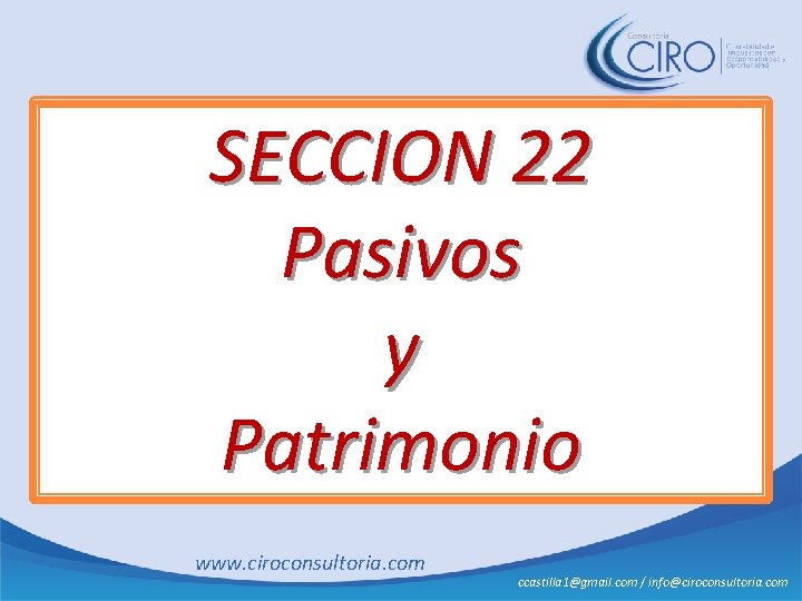 SECCION 22 Pasivos y Patrimonio www. ciroconsultoria. com ccastilla 1@gmail. com / info@ciroconsultoria. com