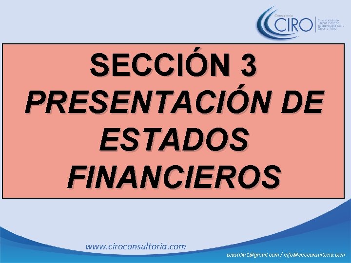 SECCIÓN 3 PRESENTACIÓN DE ESTADOS FINANCIEROS www. ciroconsultoria. com ccastilla 1@gmail. com / info@ciroconsultoria.