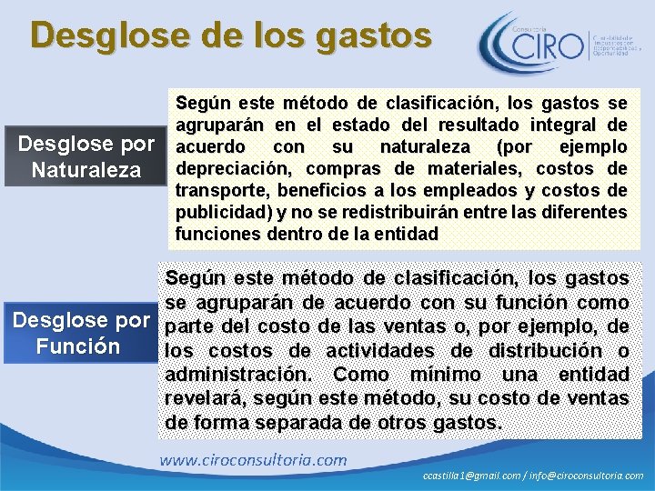 Desglose de los gastos Desglose por Naturaleza Según este método de clasificación, los gastos