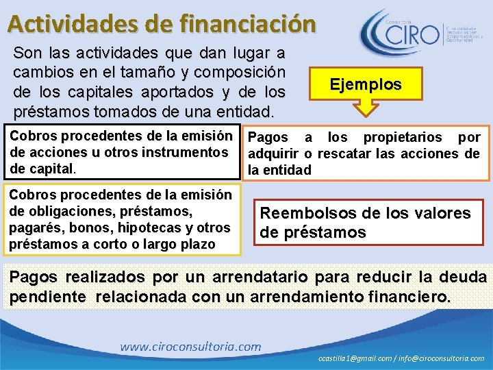 Actividades de financiación Son las actividades que dan lugar a cambios en el tamaño