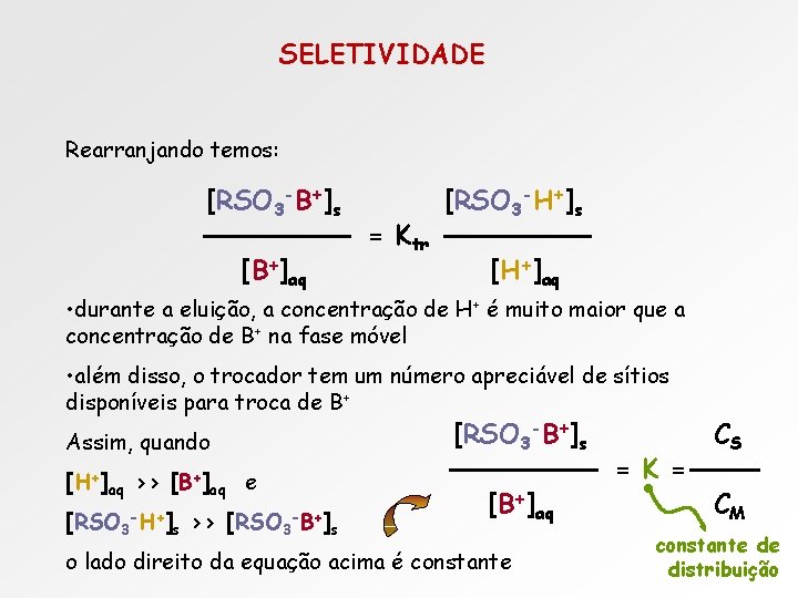 SELETIVIDADE Rearranjando temos: [RSO 3 -B+]s [B+]aq = Ktr [RSO 3 -H+]s [H+]aq •