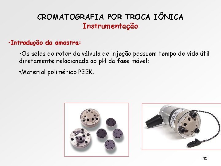 CROMATOGRAFIA POR TROCA IÔNICA Instrumentação • Introdução da amostra: • Os selos do rotor