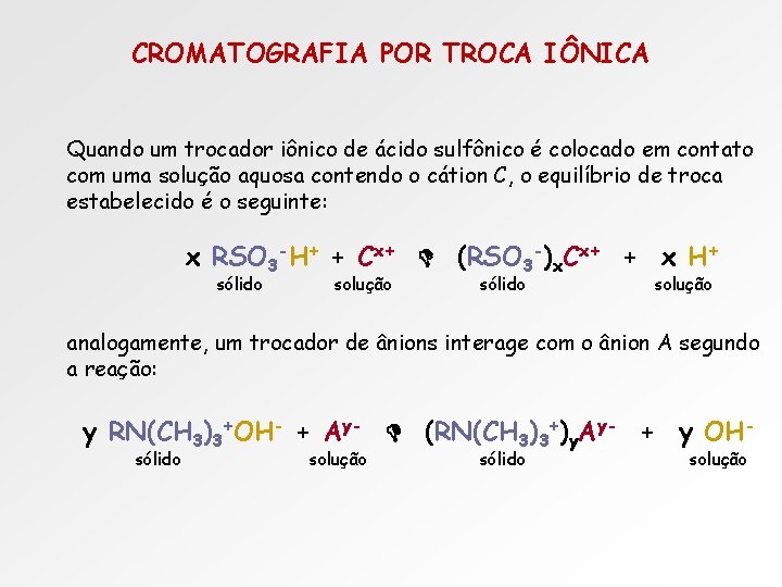 CROMATOGRAFIA POR TROCA IÔNICA Quando um trocador iônico de ácido sulfônico é colocado em