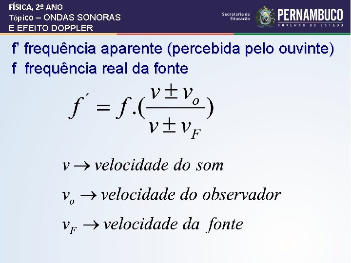 FÍSICA, 2º ANO Tópico – ONDAS SONORAS E EFEITO DOPPLER f’ frequência aparente (percebida