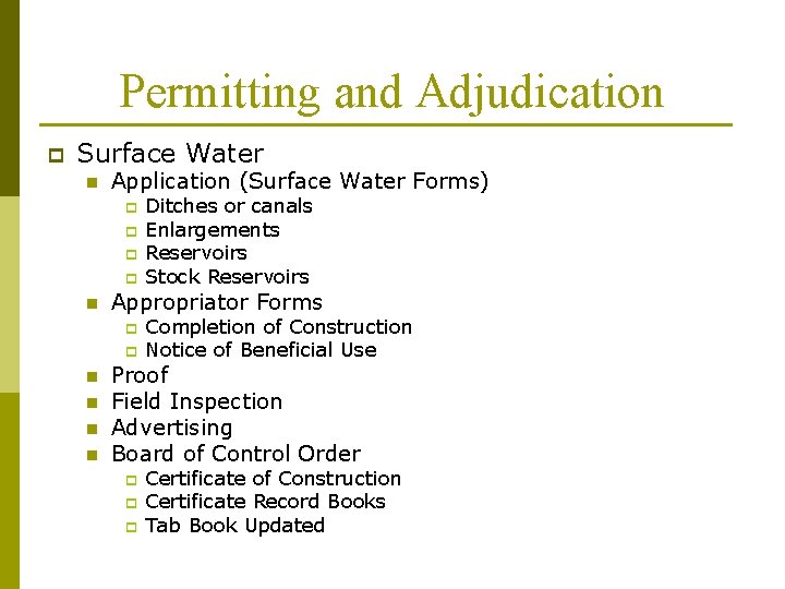 Permitting and Adjudication p Surface Water n Application (Surface Water Forms) p p n