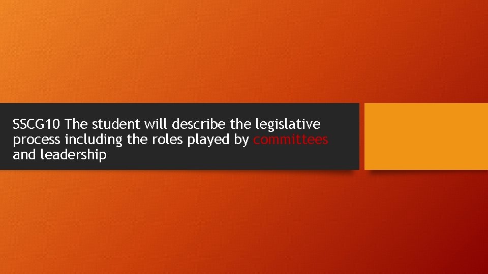 SSCG 10 The student will describe the legislative process including the roles played by
