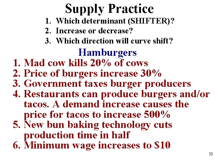 Supply Practice 1. Which determinant (SHIFTER)? 2. Increase or decrease? 3. Which direction will