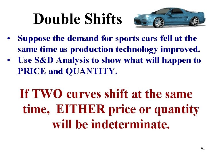 Double Shifts • Suppose the demand for sports cars fell at the same time