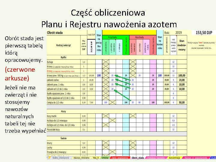 Część obliczeniowa Planu i Rejestru nawożenia azotem Obrót stada jest pierwszą tabelą którą opracowujemy.