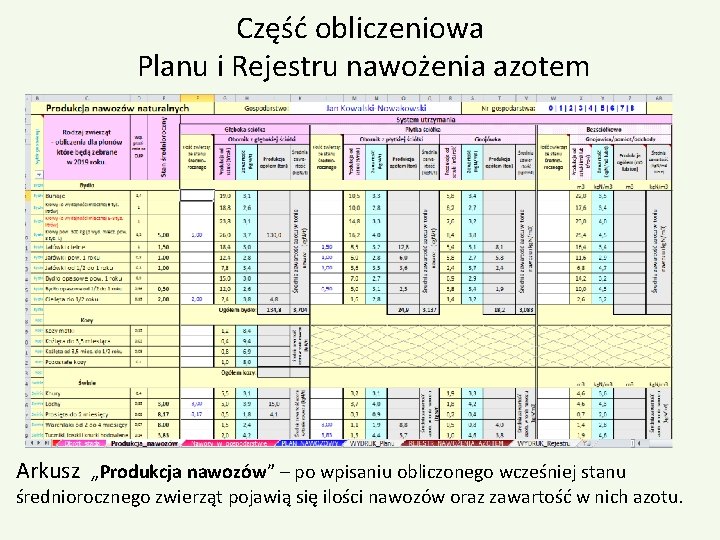 Część obliczeniowa Planu i Rejestru nawożenia azotem Arkusz „Produkcja nawozów” – po wpisaniu obliczonego