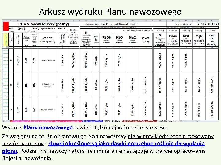 Arkusz wydruku Planu nawozowego Wydruk Planu nawozowego zawiera tylko najważniejsze wielkości. Ze względu na