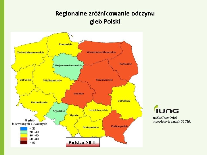 Regionalne zróżnicowanie odczynu gleb Polski źródło: Piotr Ochal na podstawie danych OSCh. R Polska