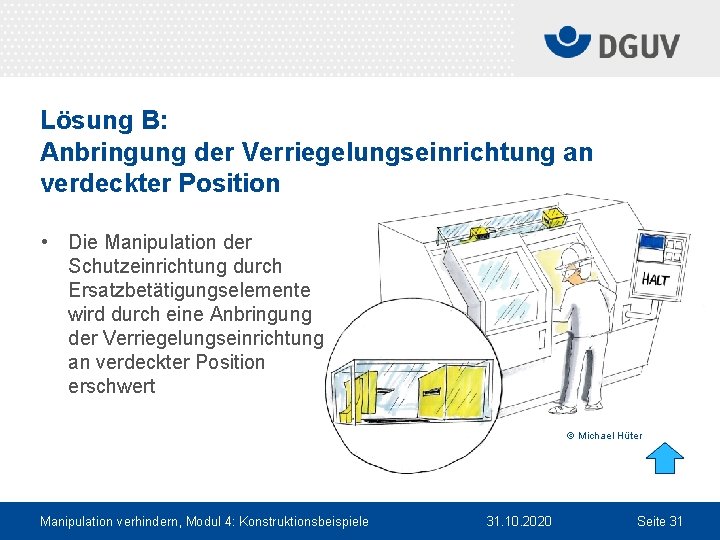 Lösung B: Anbringung der Verriegelungseinrichtung an verdeckter Position • Die Manipulation der Schutzeinrichtung durch