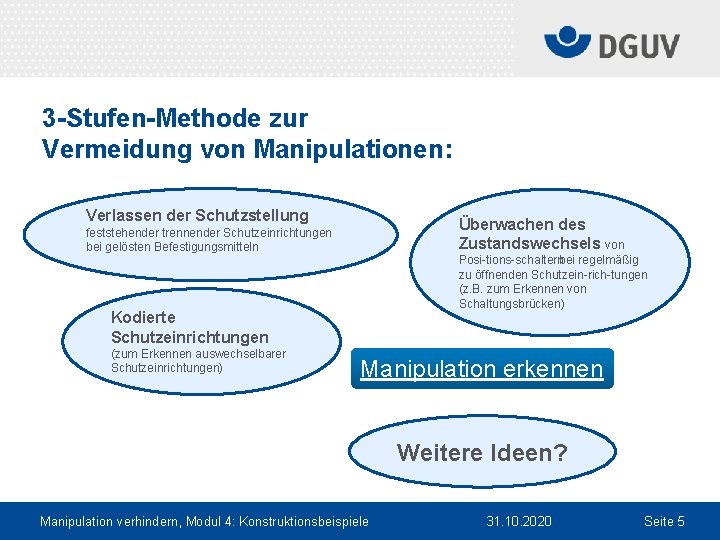 3 -Stufen-Methode zur Vermeidung von Manipulationen: Verlassen der Schutzstellung Überwachen des Verlassen der Schutzstellung