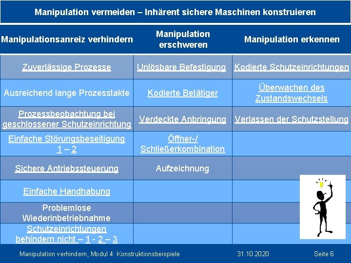 Manipulation vermeiden – Inhärent sichere Maschinen konstruieren Manipulationsanreiz verhindern Zuverlässige Prozesse Ausreichend lange Prozesstakte