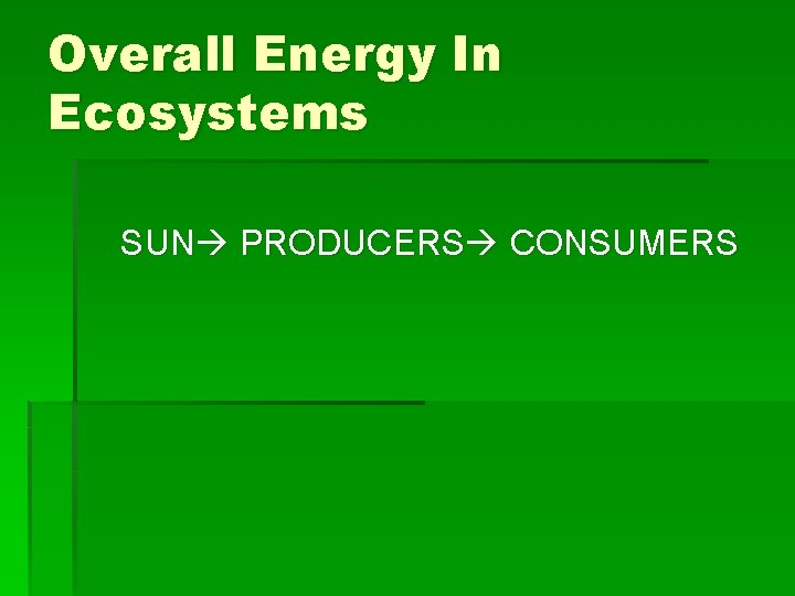 Overall Energy In Ecosystems SUN PRODUCERS CONSUMERS 